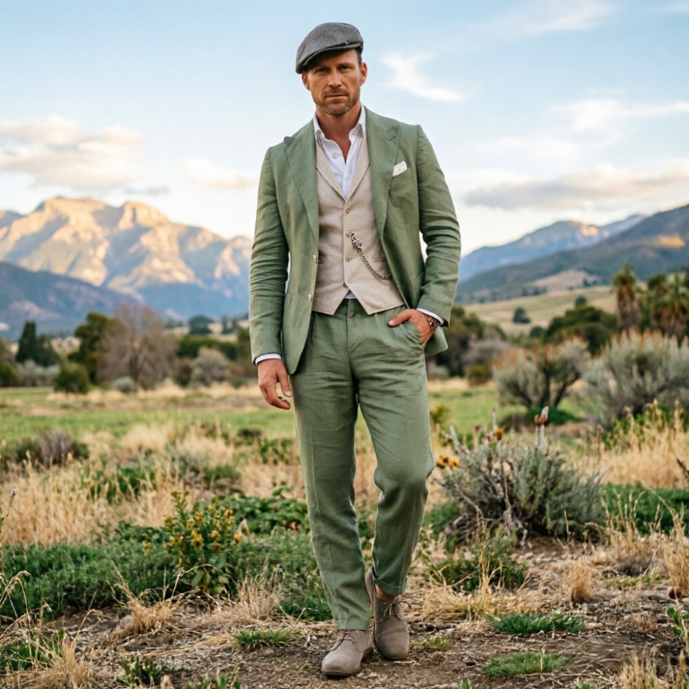 Men Formal Wear Green - Мужской костюм из льняной ткани цвета