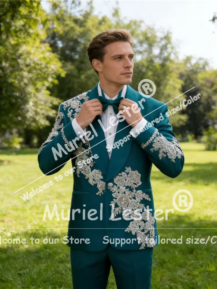 Men Formal Wear Green - Эксклюзивный зеленый мужской костюм с бисером