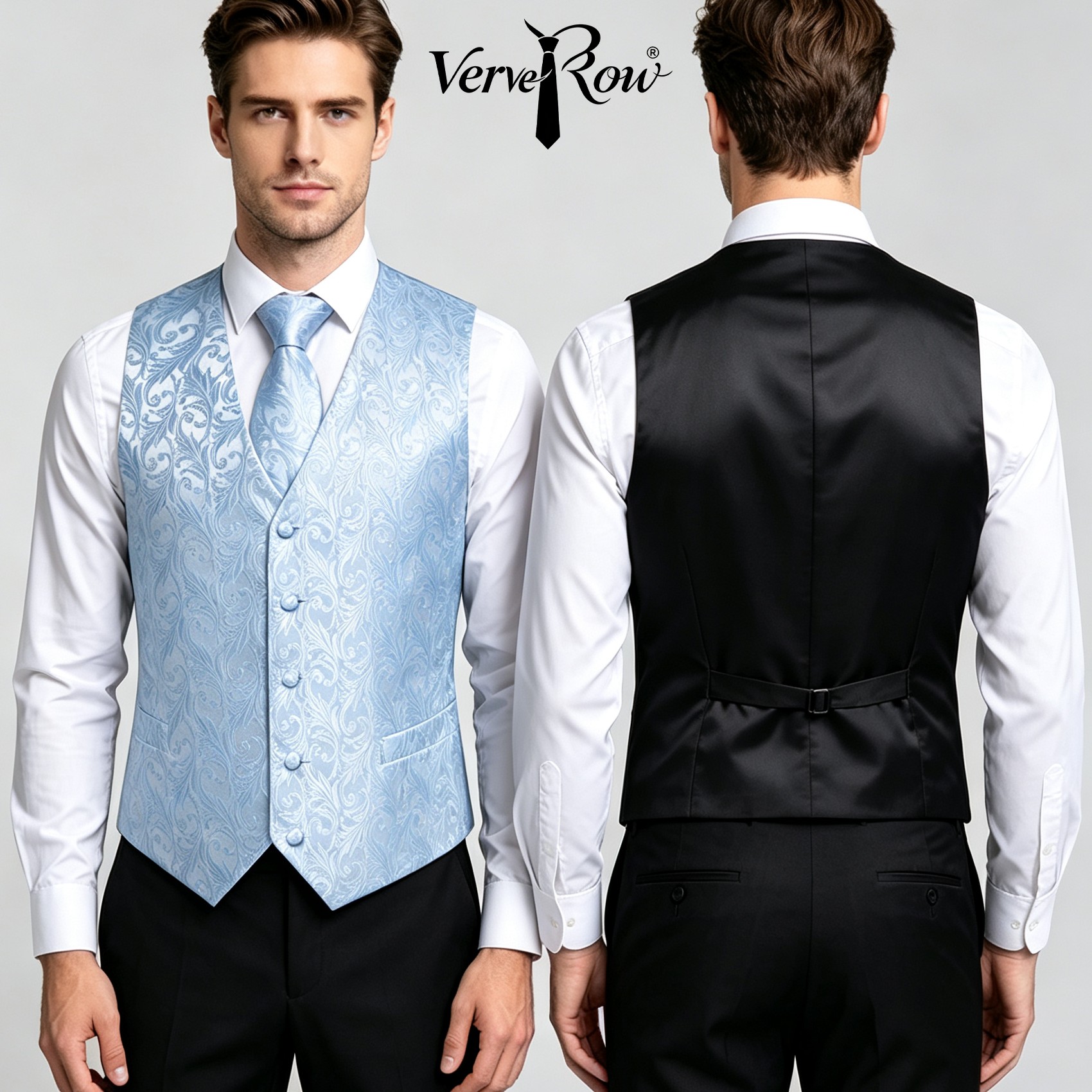 Pocket Square Set - Светло-голубой жаккардовый жилет с галстуком и