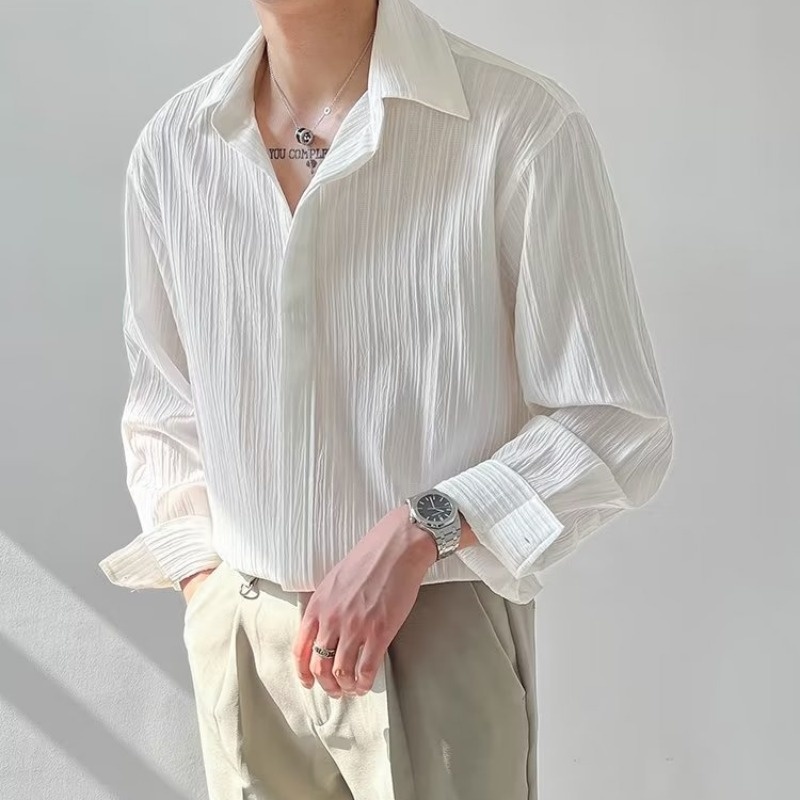 Korean Men Formal Wear - Черно-абрикосовая белая рубашка с длинным рукавом,