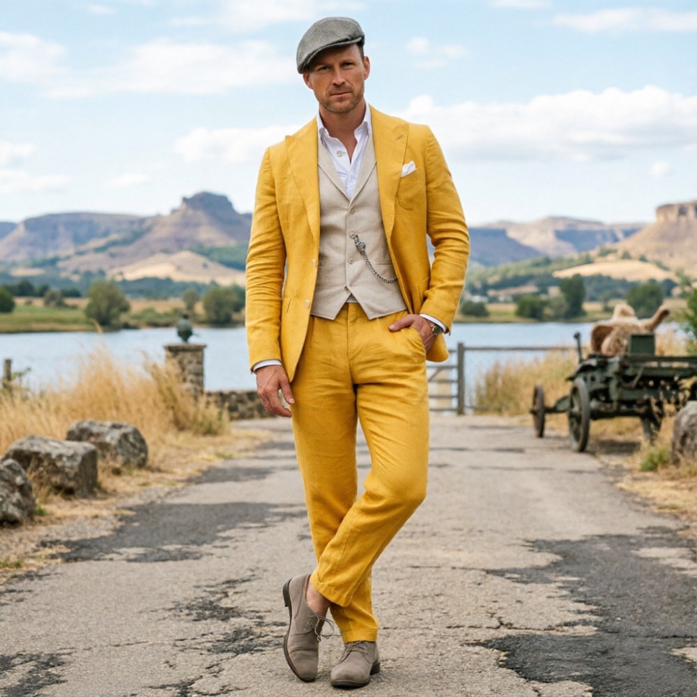 Мужской костюм из льняной ткан – обзор и цена Men Formal Wear Green
